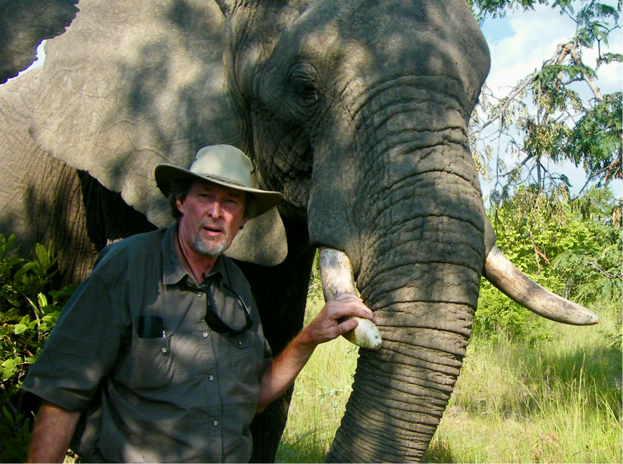 Piers Taylor touching Elephant's horn